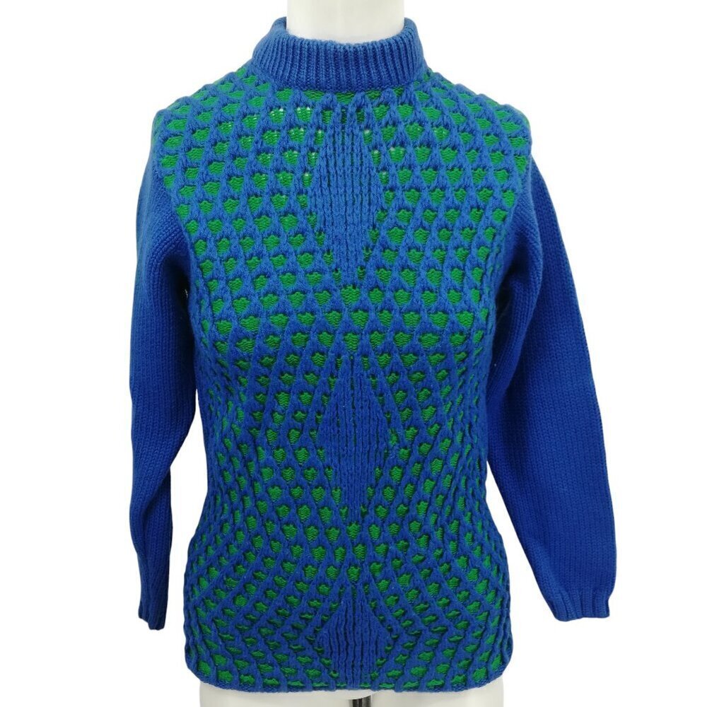 Vintage 70s Windowpane Diamond 3-D Knit Mock Neck 100% Wool Sweater Size XS?